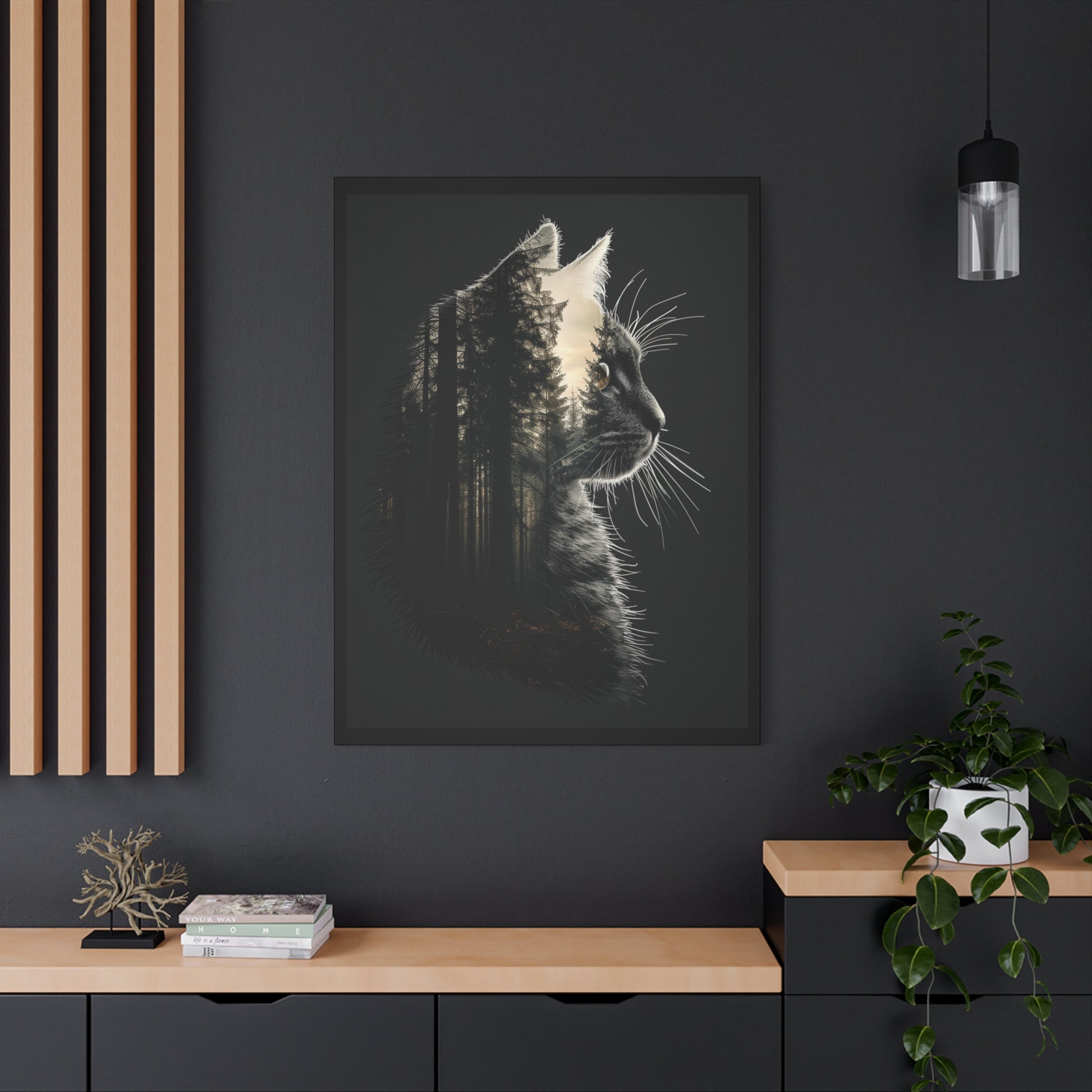 Black Cat Forest Canvas Art, Cat Lover Decor, Unique Wall Artwork, Modern Home Decoration, Gift for Animal Lovers, Nature-Inspired Art - VYBE Shop