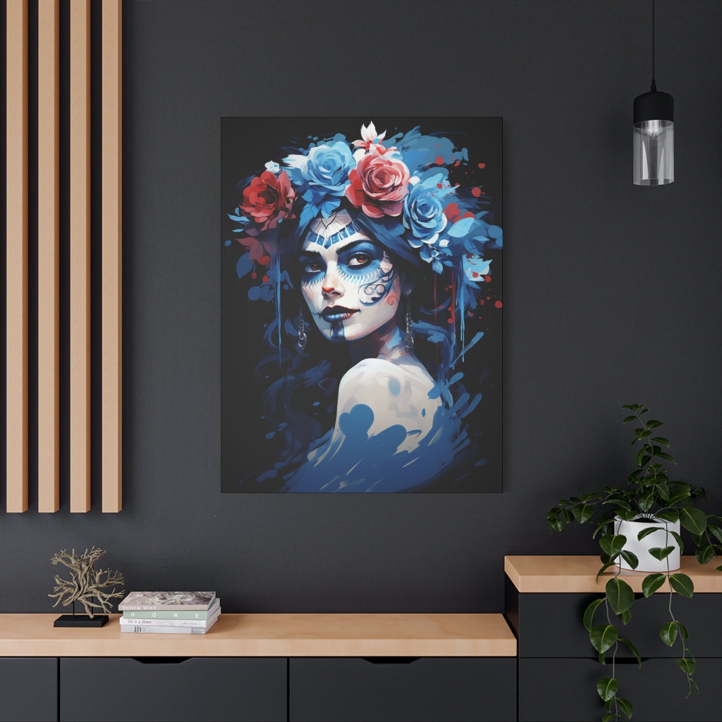 Artistic Stretched Canvas Print of Flower Crown Woman, Colorful Wall Art for Home Decor, Gift for Art Lovers, Bohemian Decor, Day of [...] - VYBE Shop