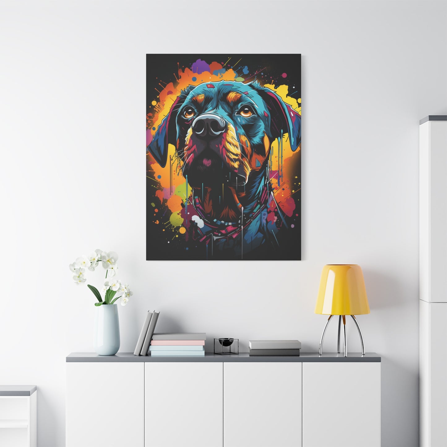 Neon Dog Art Canvas Print, Pet Memorial Decoration, Colorful Wall Art, Rottweiler Decor, Animal Lover Gift, Statement Artwork - VYBE Shop