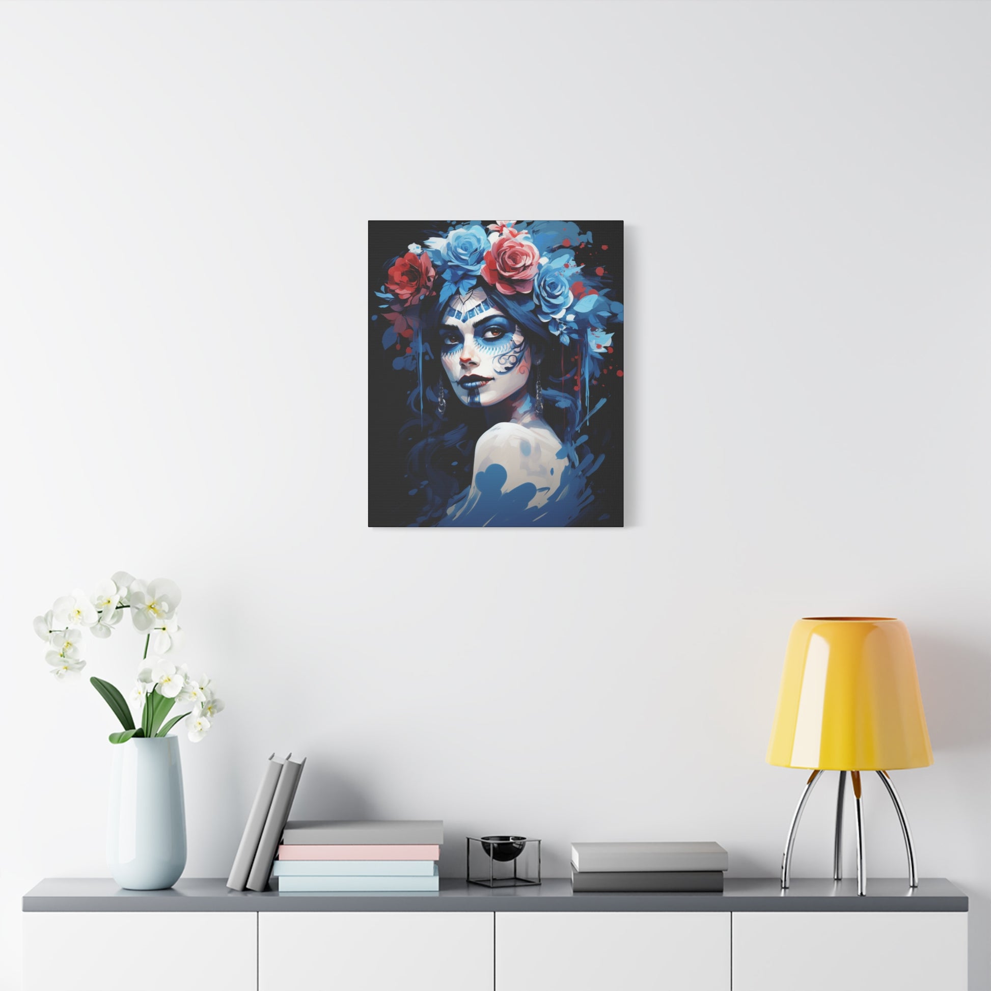 Artistic Stretched Canvas Print of Flower Crown Woman, Colorful Wall Art for Home Decor, Gift for Art Lovers, Bohemian Decor, Day of [...] - VYBE Shop