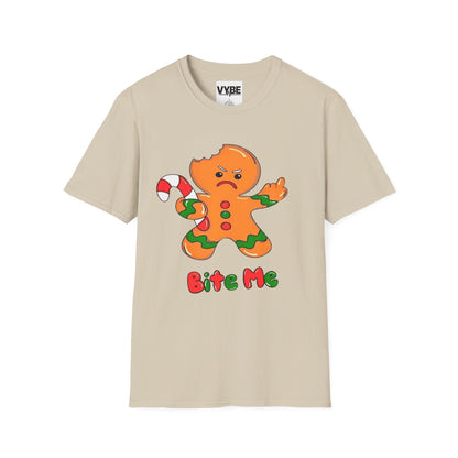 Christmas- Funny Gingerbread T-Shirt, Unisex Humor Tee, Holiday Gift, Christmas Apparel, Cute Seasonal Shirt, Bite Me Design - VYBE Shop