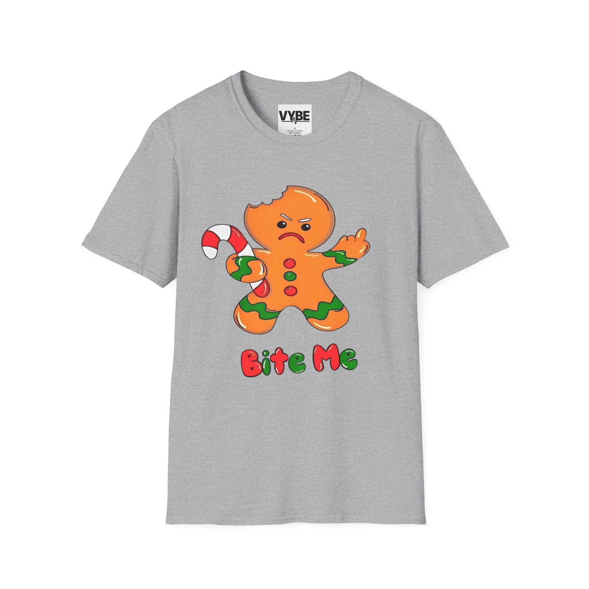 Christmas- Funny Gingerbread T-Shirt, Unisex Humor Tee, Holiday Gift, Christmas Apparel, Cute Seasonal Shirt, Bite Me Design - VYBE Shop