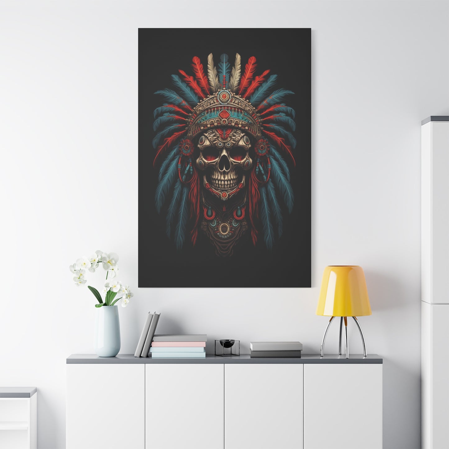 Skull Warrior Canvas Art Print, Stretched Artwork for Home Decor, Tribal Wall Art, Unique Gift, Boho Aesthetic - VYBE Shop