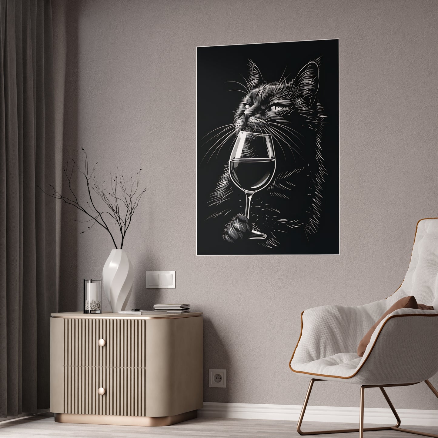 Cat Chic Cat Art Poster, Wine Lover Decor, Cat Poster, Pet Lover Gift, Wall Art Print - VYBE Shop