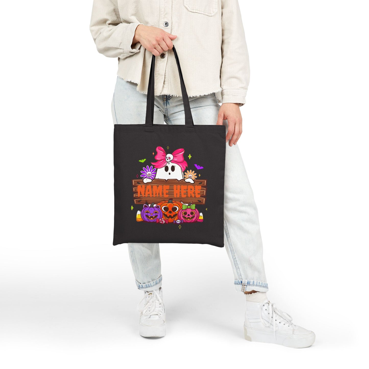 Cute Customizable Halloween Tote Bag, Spooky Canvas Bag, Personalized Trick or Treat Bag, Eco-Friendly - VYBE Shop