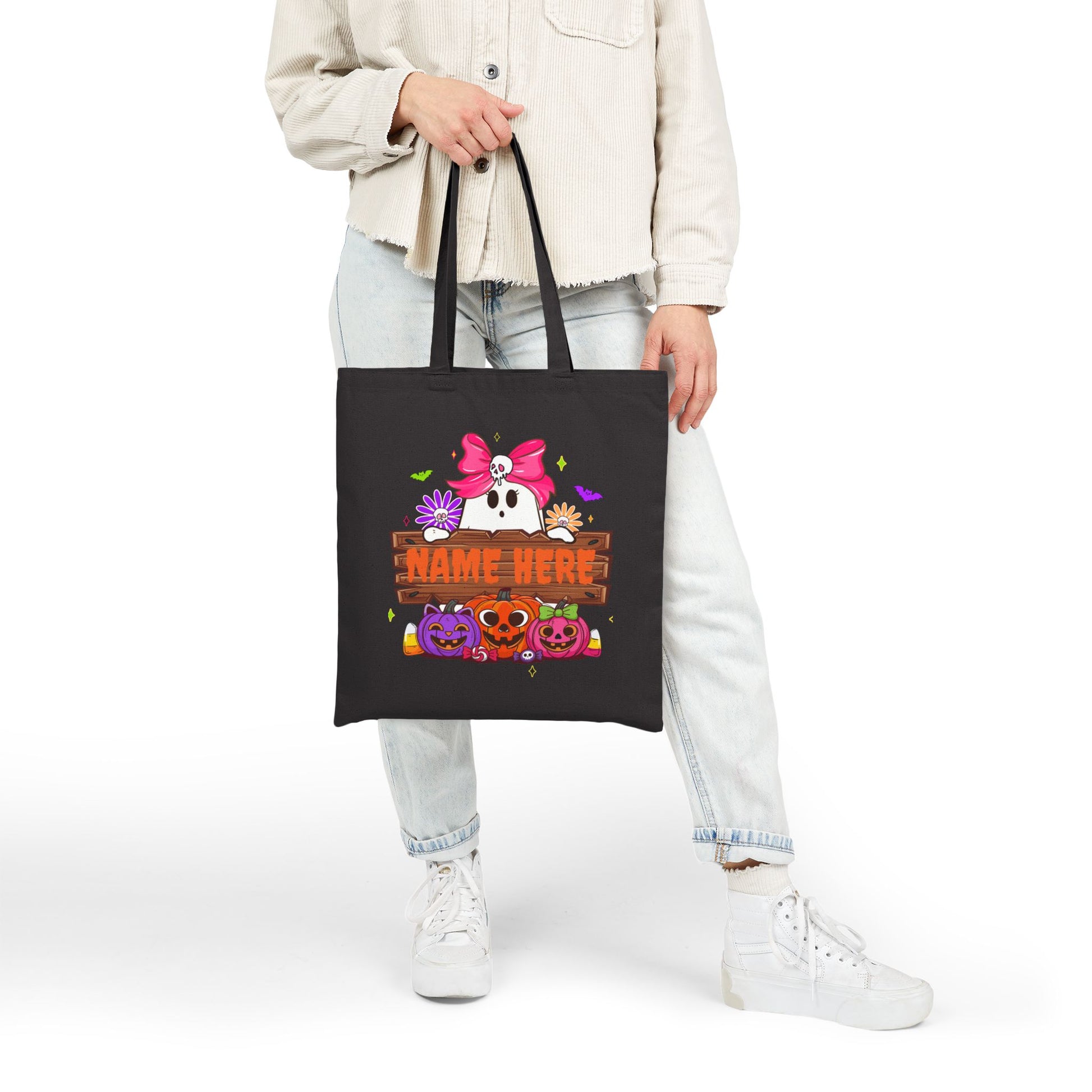 Cute Customizable Halloween Tote Bag, Spooky Canvas Bag, Personalized Trick or Treat Bag, Eco-Friendly - VYBE Shop