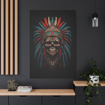 Skull Warrior Canvas Art Print, Stretched Artwork for Home Decor, Tribal Wall Art, Unique Gift, Boho Aesthetic - VYBE Shop