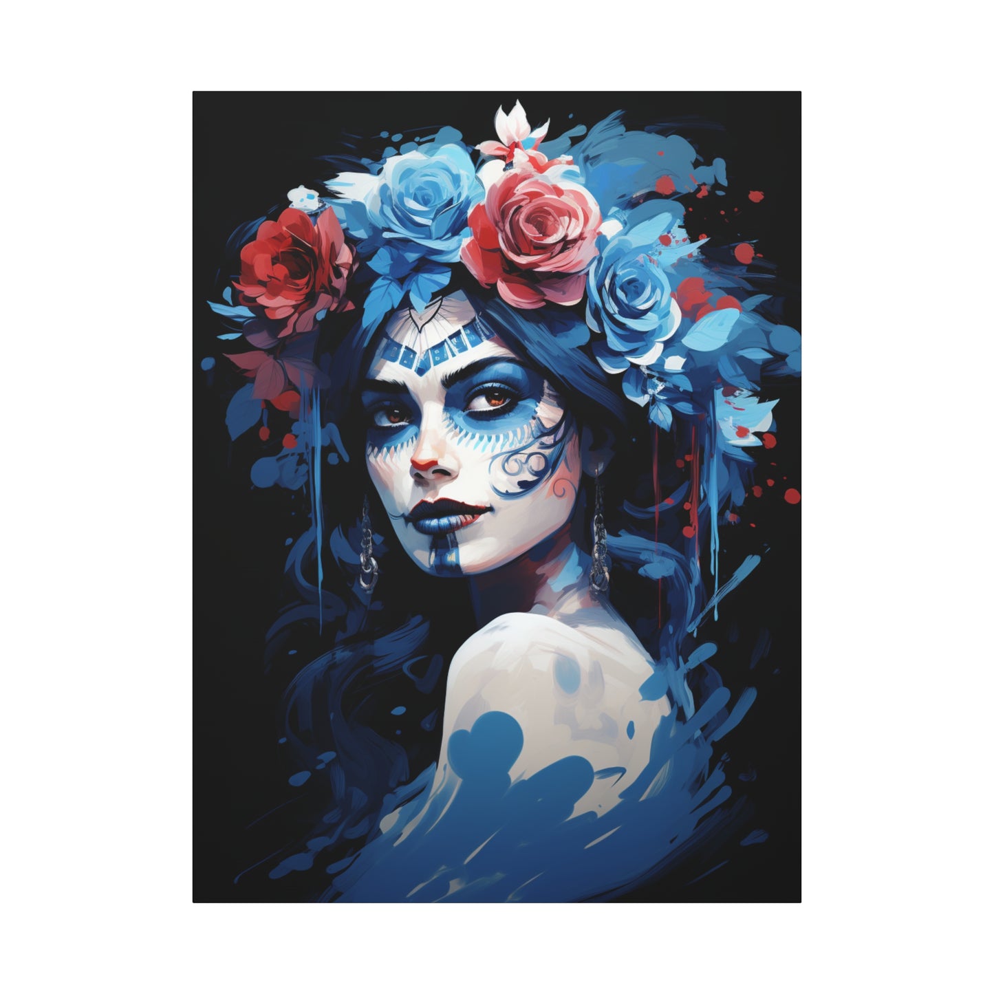 Artistic Stretched Canvas Print of Flower Crown Woman, Colorful Wall Art for Home Decor, Gift for Art Lovers, Bohemian Decor, Day of [...] - VYBE Shop