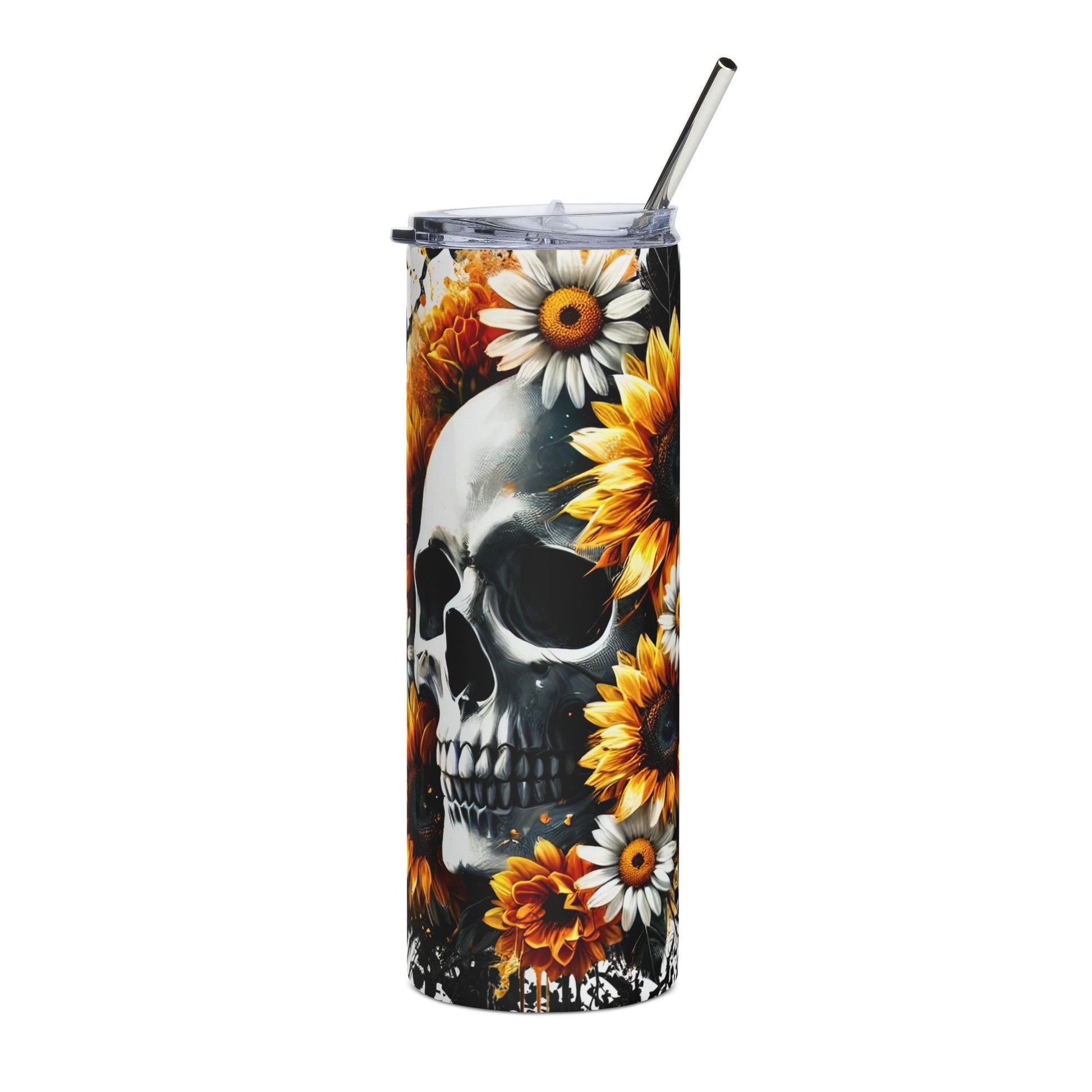Skull and Sunflower Stainless Steel Tumbler | 20oz Travel Mug | Gifts for Her | Halloween Decor | Summer Vibes | Eco-Friendly Drinkware - VYBE