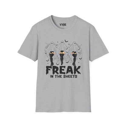 Halloween- Freak in the Sheets T-Shirt, Funny Graphic Tee, Halloween Costume, Gift for Sheet Lovers, Casual Wear, Horror Vibe - VYBE Shop