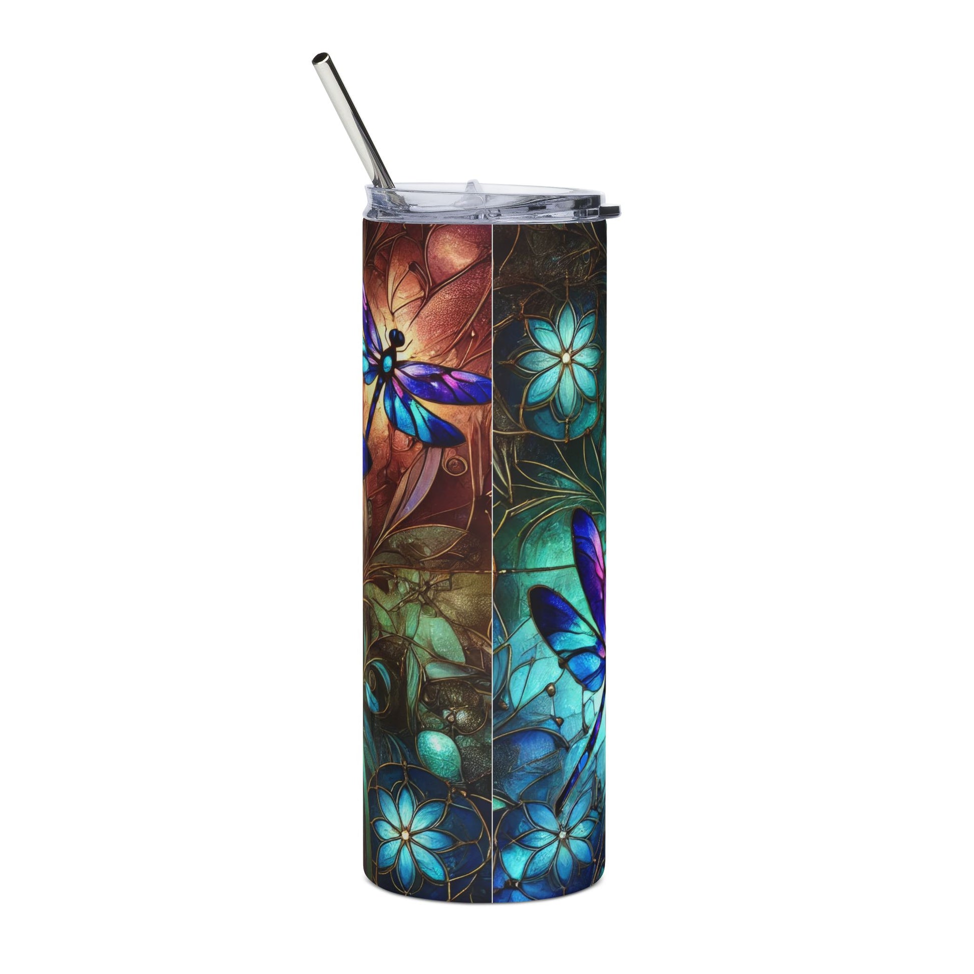 Colorful Dragonfly Stainless Steel Tumbler, 20oz | Eco-Friendly Drinkware, Personalized Gift, Summer Vibes, Travel Mug, Floral Design - VYBE