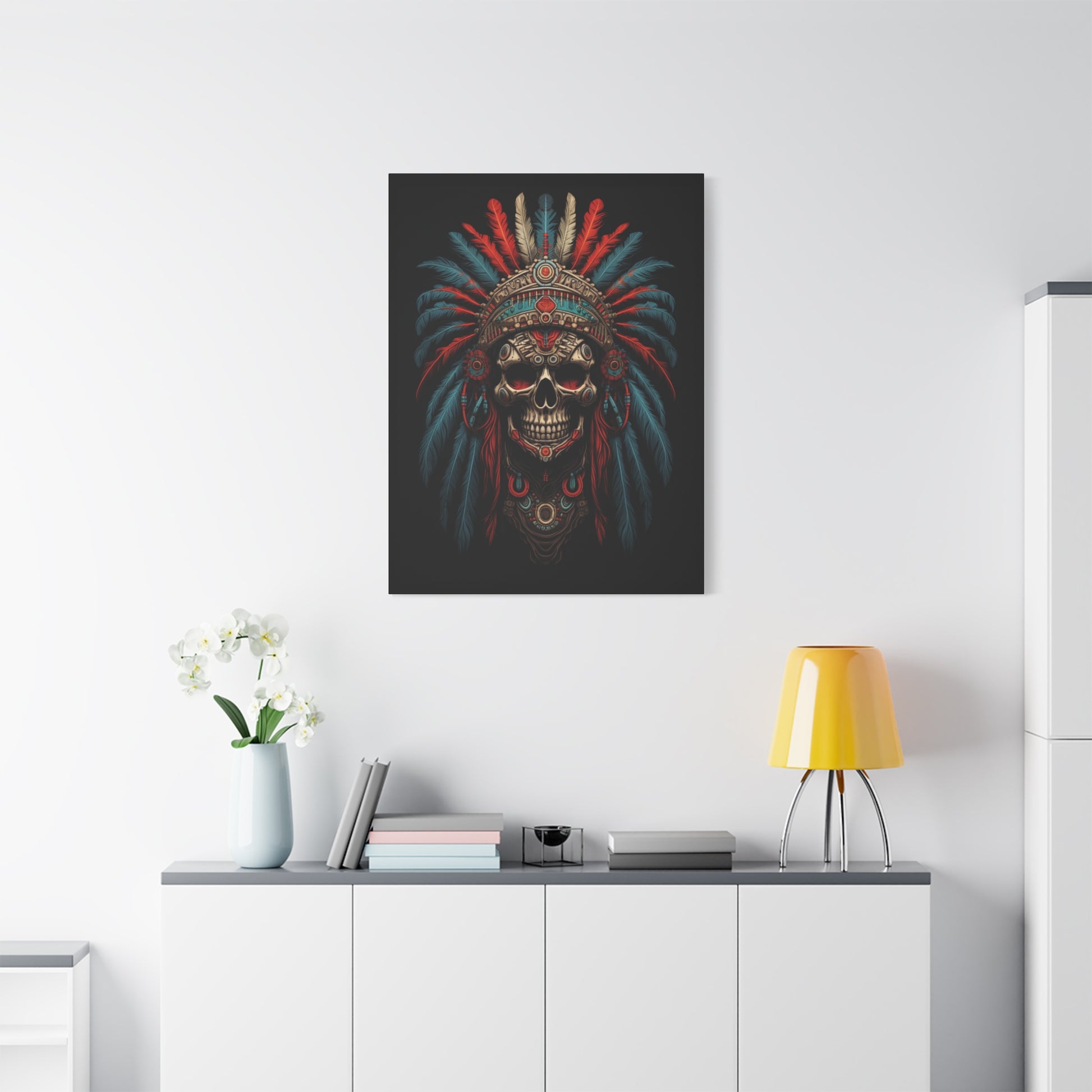 Skull Warrior Canvas Art Print, Stretched Artwork for Home Decor, Tribal Wall Art, Unique Gift, Boho Aesthetic - VYBE Shop