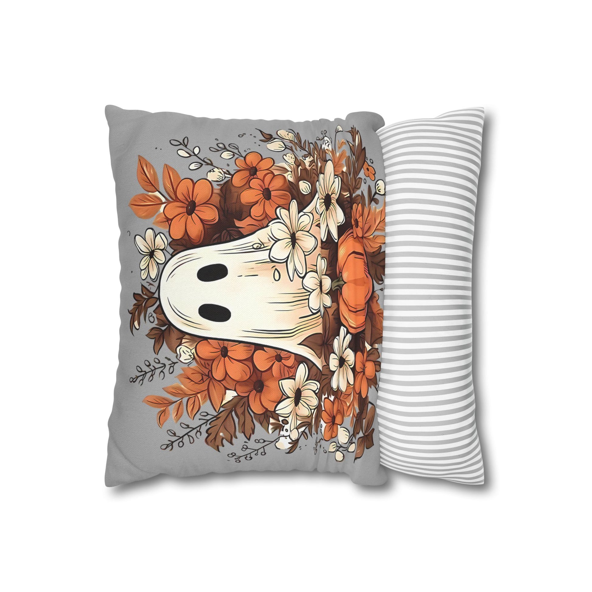 Fall Ghost Pillowcase for Halloween Home Decor, Cozy Pumpkin Floral Accent, Spooky Autumn Vibes - VYBE Shop