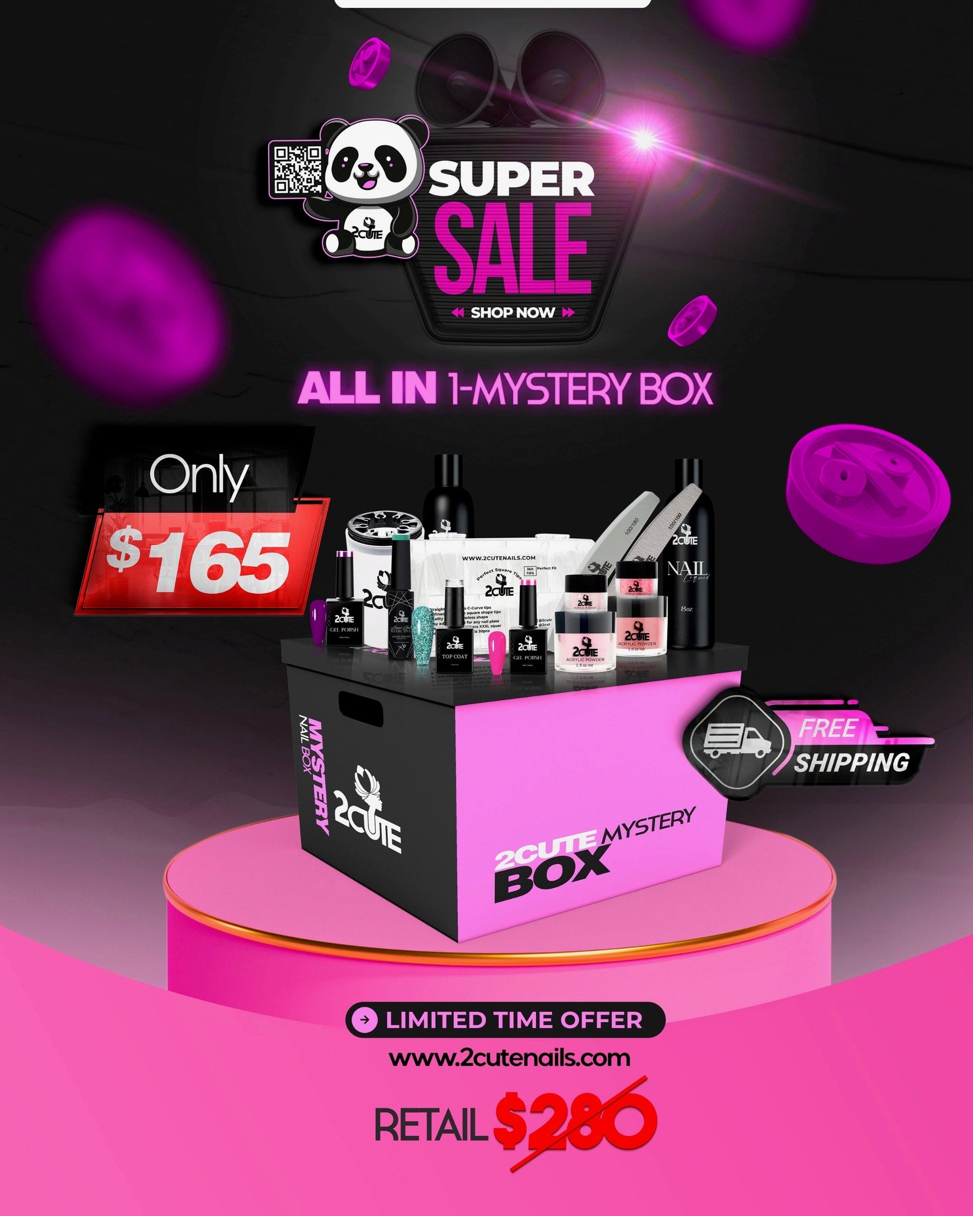 Promotional graphic for a mystery box sale with nail products and promotional text on a dark background.