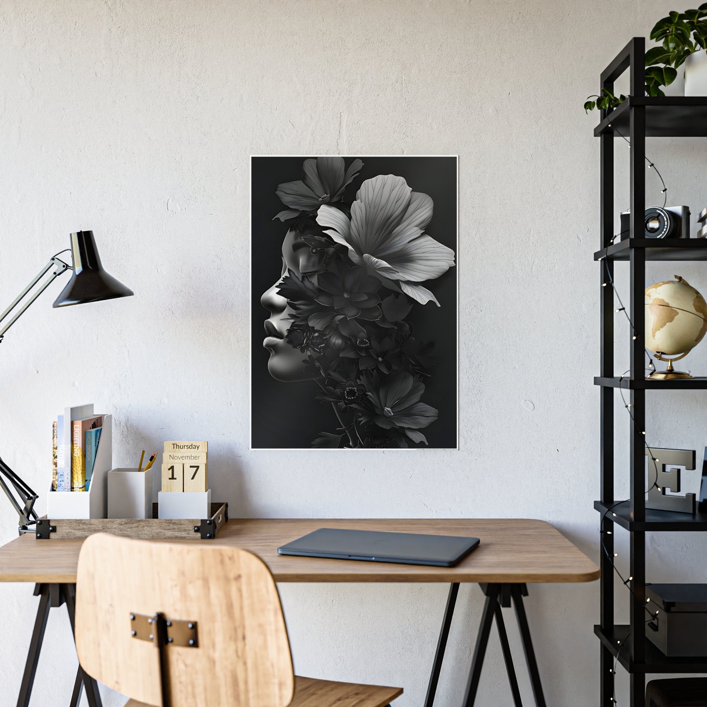 AfroArt Elegant Floral Wall Art Print, Black and White Gloss Poster - VYBE Shop