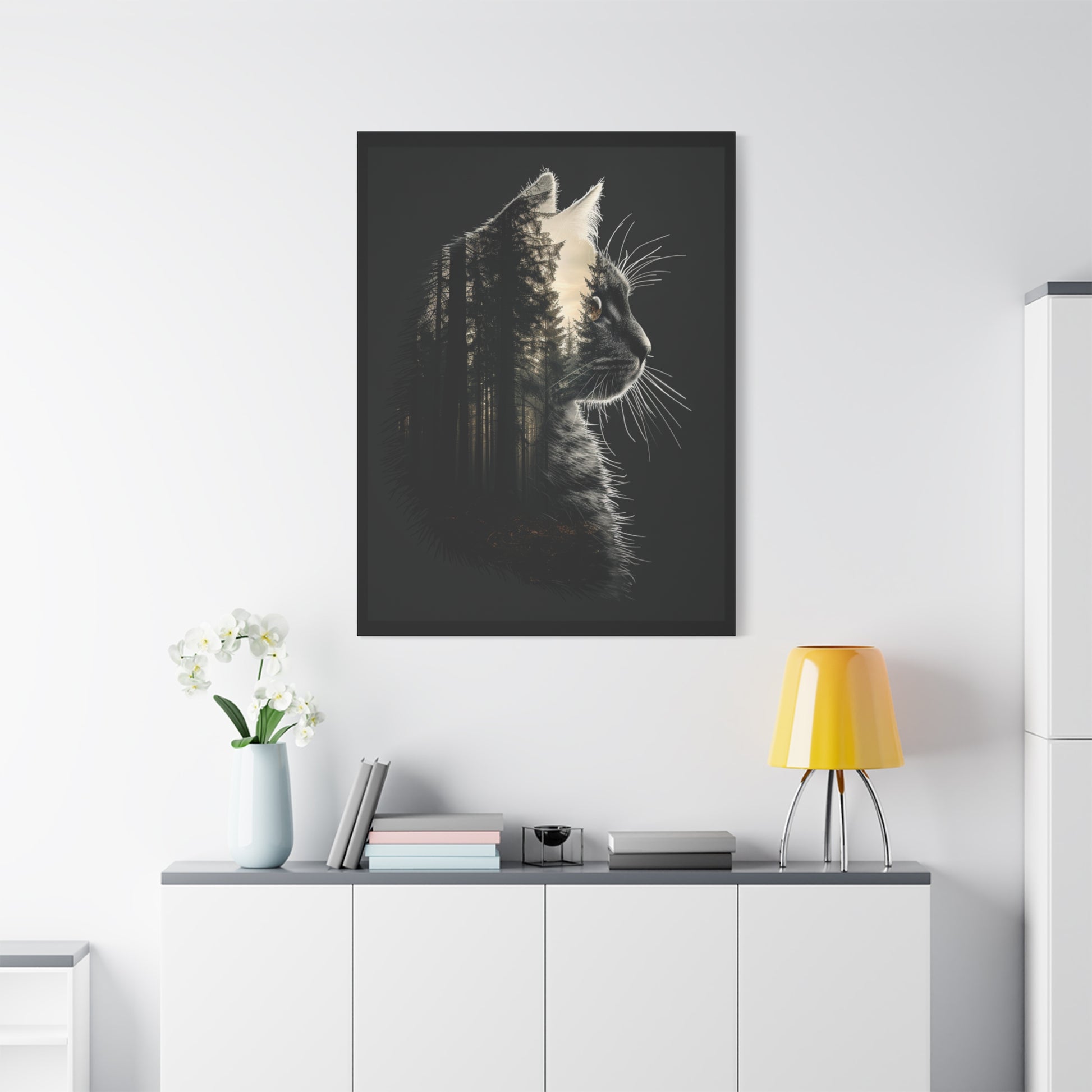 Black Cat Forest Canvas Art, Cat Lover Decor, Unique Wall Artwork, Modern Home Decoration, Gift for Animal Lovers, Nature-Inspired Art - VYBE Shop