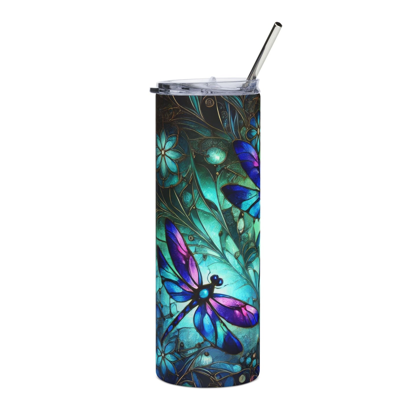 Colorful Dragonfly Stainless Steel Tumbler, 20oz | Eco-Friendly Drinkware, Personalized Gift, Summer Vibes, Travel Mug, Floral Design - VYBE