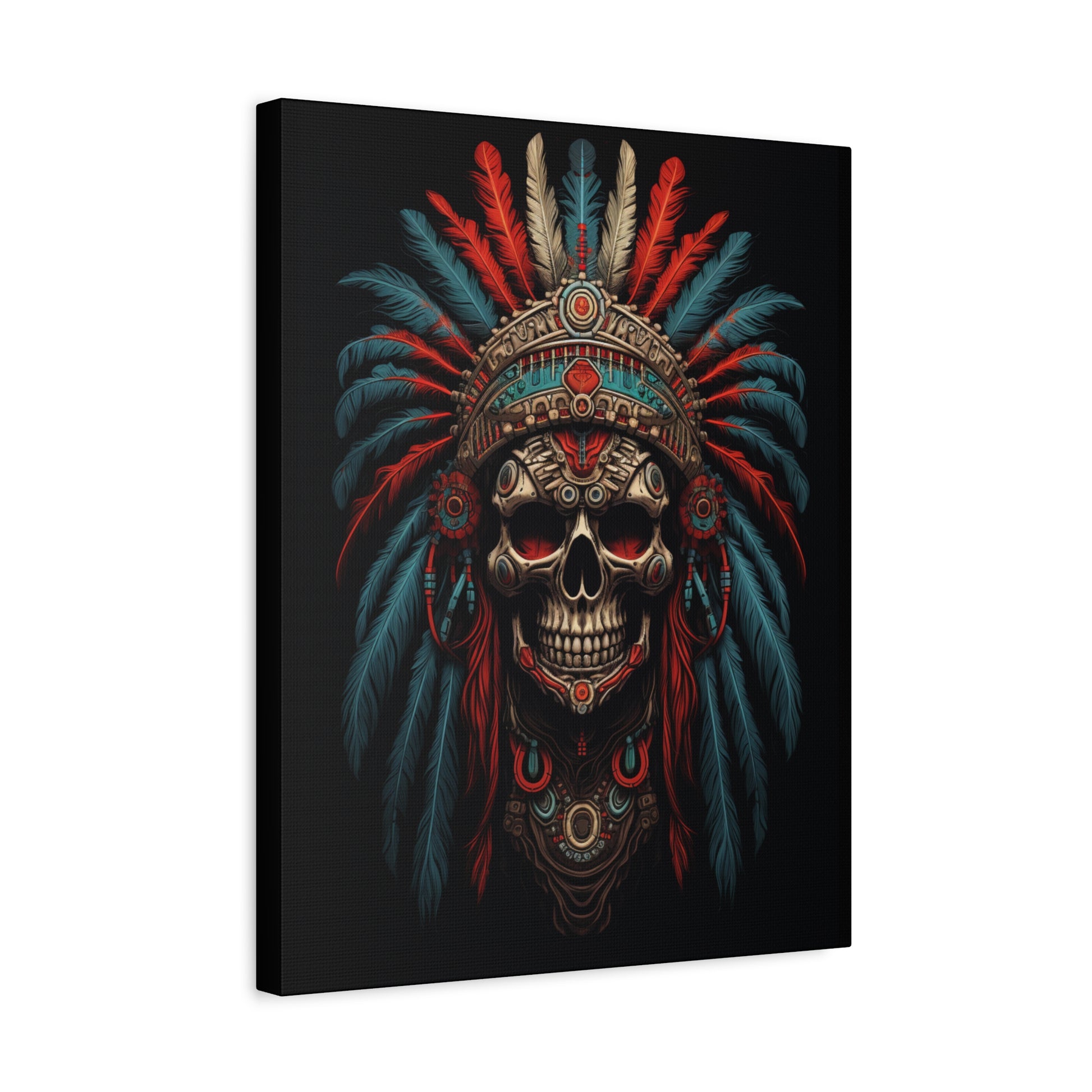 Skull Warrior Canvas Art Print, Stretched Artwork for Home Decor, Tribal Wall Art, Unique Gift, Boho Aesthetic - VYBE Shop