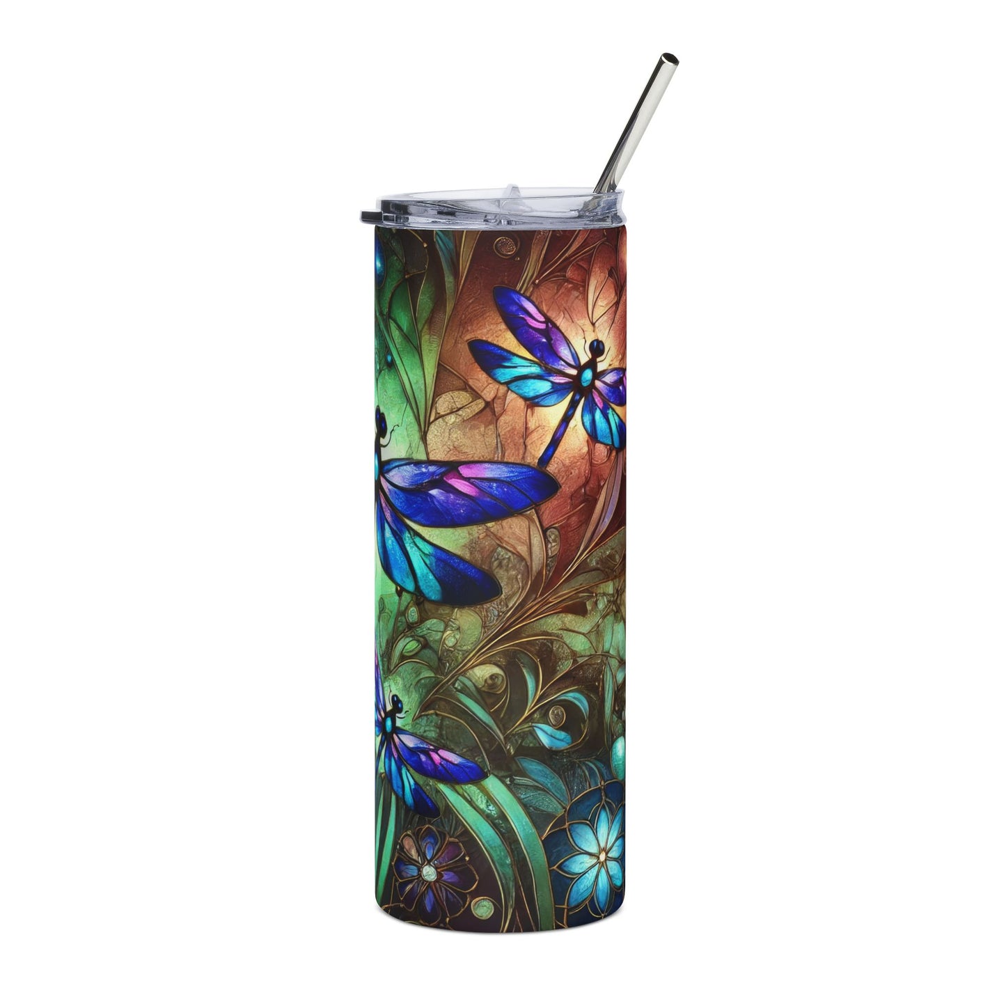 Colorful Dragonfly Stainless Steel Tumbler, 20oz | Eco-Friendly Drinkware, Personalized Gift, Summer Vibes, Travel Mug, Floral Design - VYBE