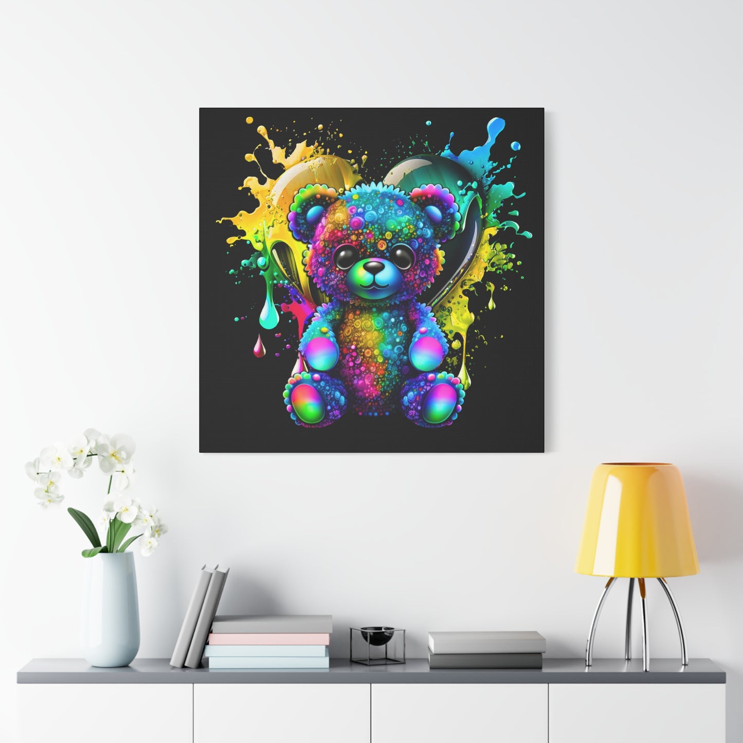 Neon Bear Art Canvas, Vibrant Bear Wall Decor, Child's Room Decor, Gift for Kids, Rainbow Teddy Canvas Print - VYBE Shop