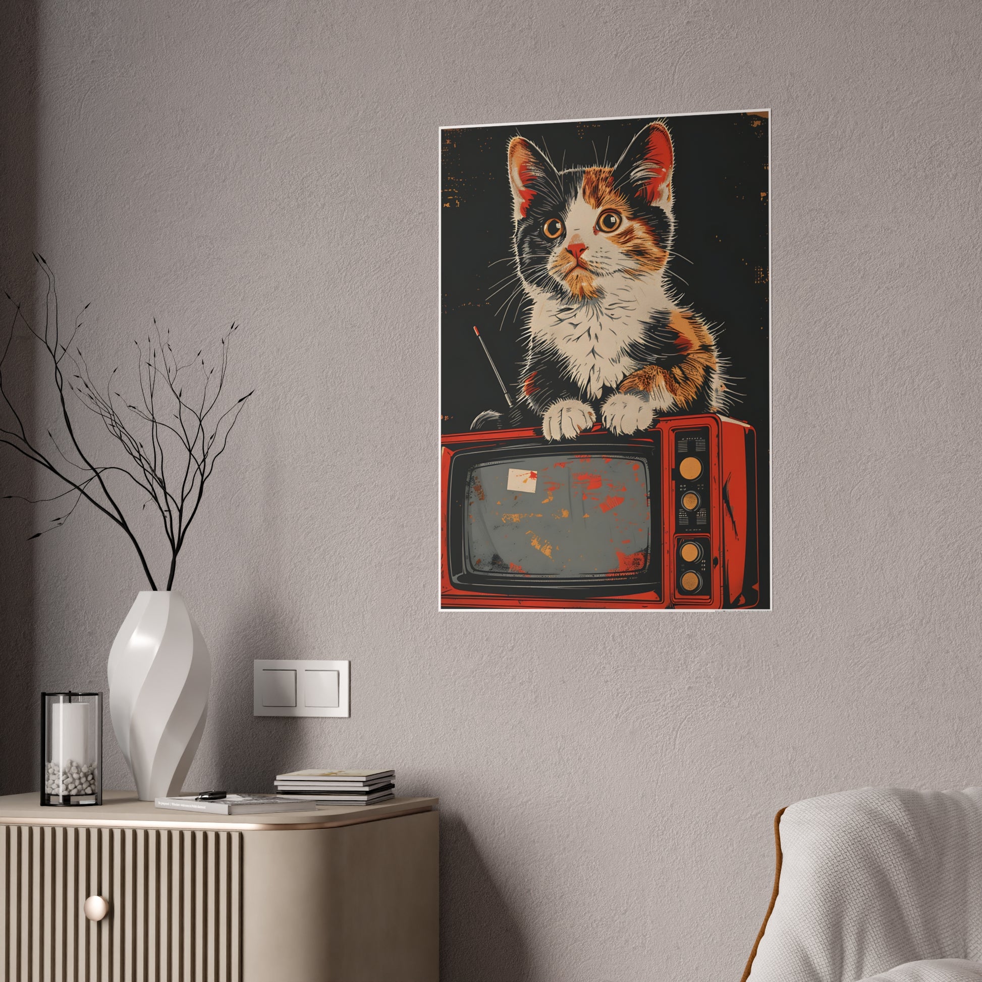 Cat Vintage Poster - Retro Cat TV Gloss Wall Art & Animal Decor - VYBE Shop