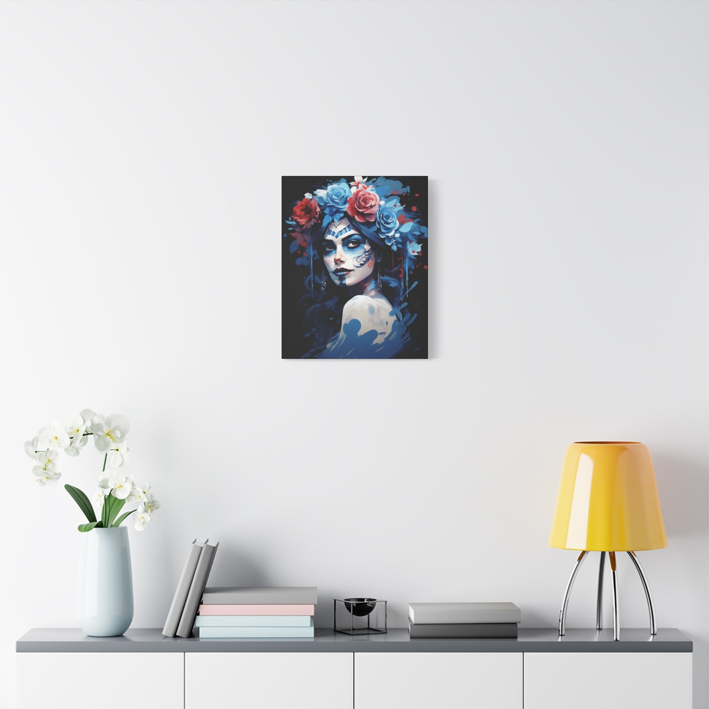Artistic Stretched Canvas Print of Flower Crown Woman, Colorful Wall Art for Home Decor, Gift for Art Lovers, Bohemian Decor, Day of [...] - VYBE Shop