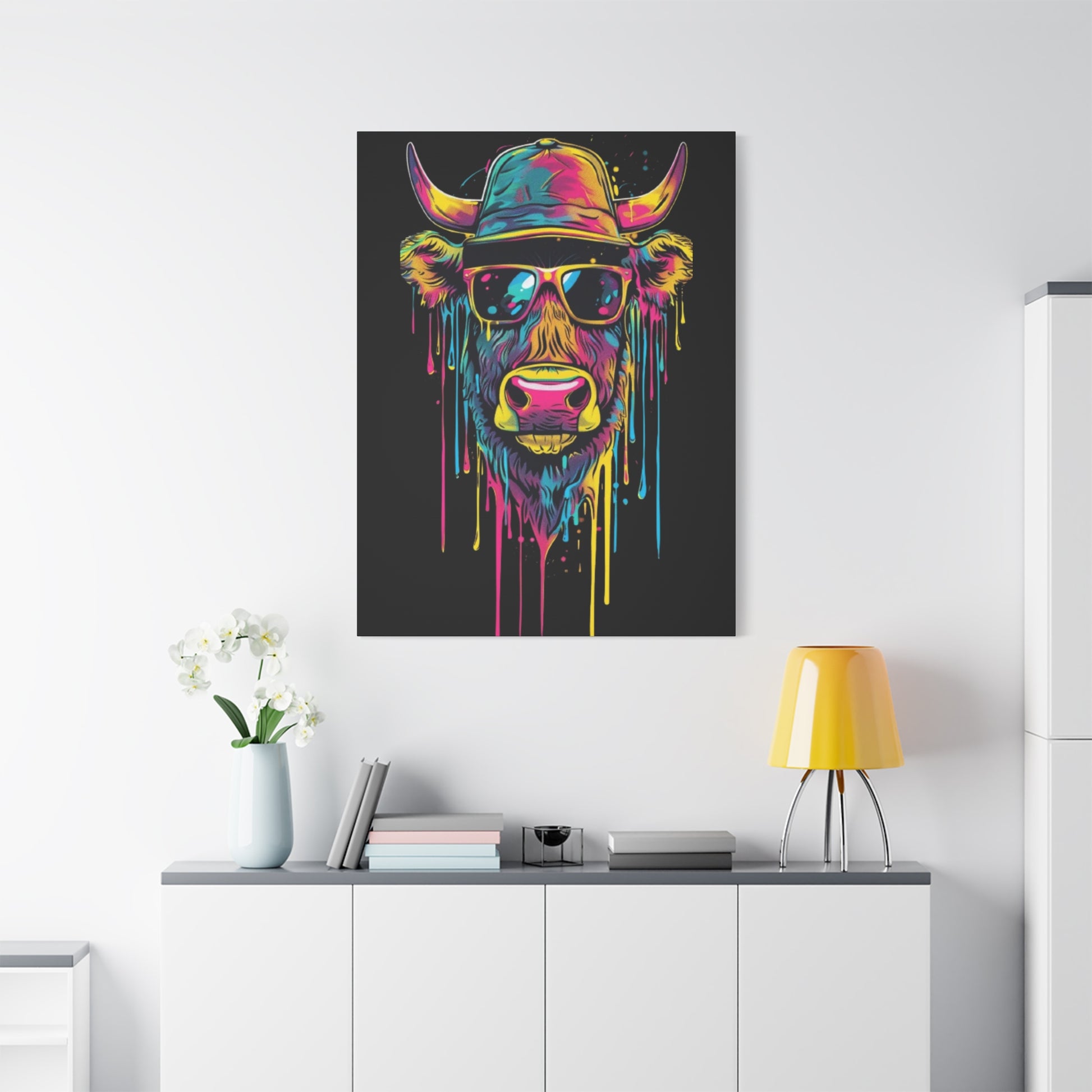 Neon Cow Canvas Wall Art, Funky Cow Print for Home Decor, Cow Lover Gift, Bright Wall Hanging, Unique Art for Living Room - VYBE Shop