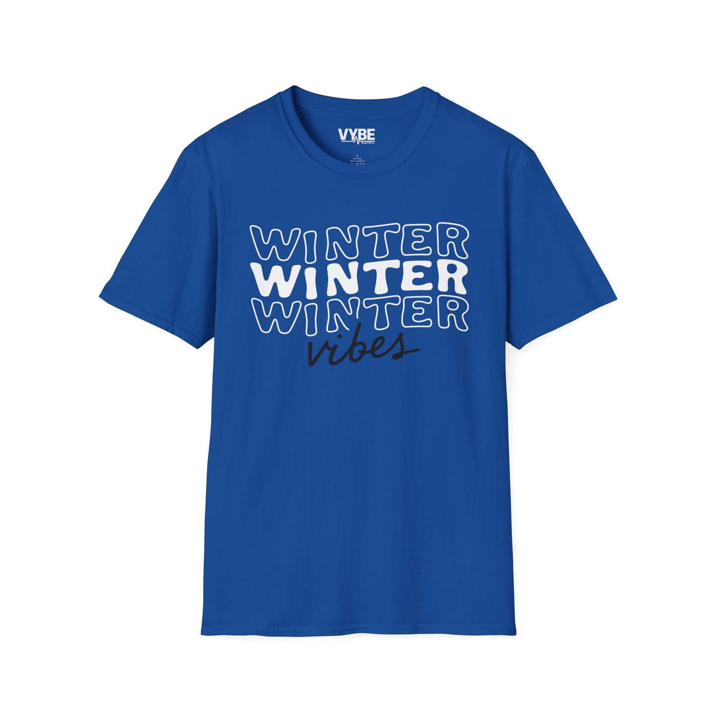 Blue t-shirt with 'Winter Vibes' text on a white background