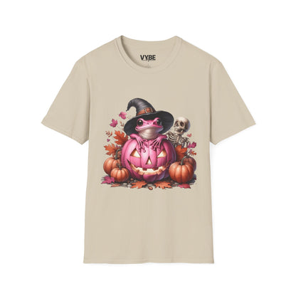 Halloween- Cute Pink Halloween Frog T-Shirt, Pumpkin Tee, Fall Apparel, Unisex Halloween Shirt, Cute Skeleton Design - VYBE Shop