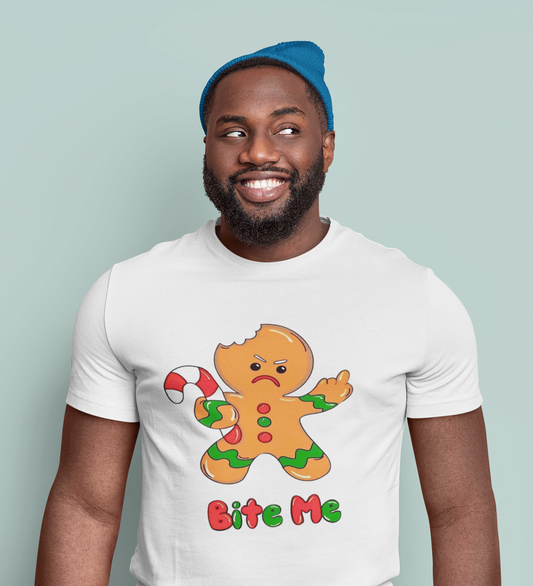 Christmas- Funny Gingerbread T-Shirt, Unisex Humor Tee, Holiday Gift, Christmas Apparel, Cute Seasonal Shirt, Bite Me Design - VYBE Shop