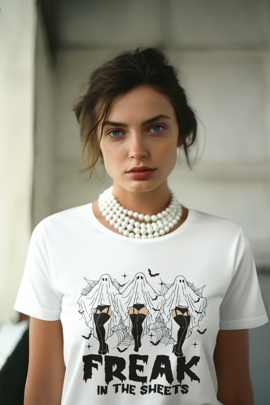 Halloween- Freak in the Sheets T-Shirt, Funny Graphic Tee, Halloween Costume, Gift for Sheet Lovers, Casual Wear, Horror Vibe - VYBE Shop