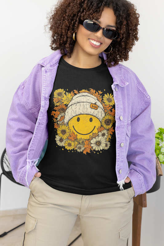 Fall- Happy Smile T-Shirt, Unisex Tee, Fall Fashion, Cute Graphic Shirt, Perfect for Autumn, Gifts for Her - VYBE Shop