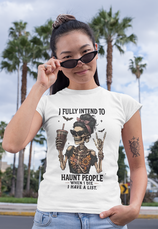 Edgy- Skeleton Haunting List T-Shirt, Funny Halloween Tee, Unisex Graphic Shirt, Gift for Halloween Lovers - VYBE Shop