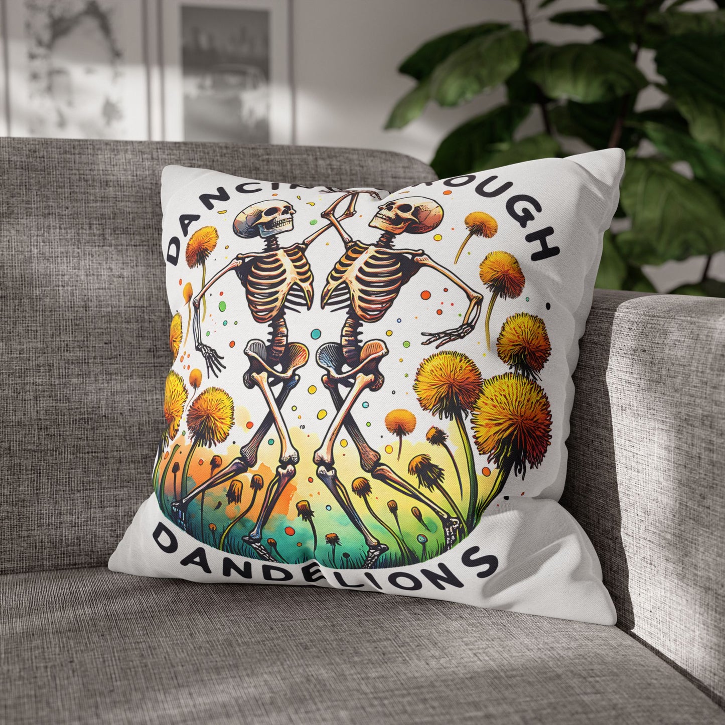 Dancing Through Dandelions Pillowcase - Decorative Accent for Cozy Home Decor, Perfect Gift for Halloween & Skeleton Lovers - VYBE Shop