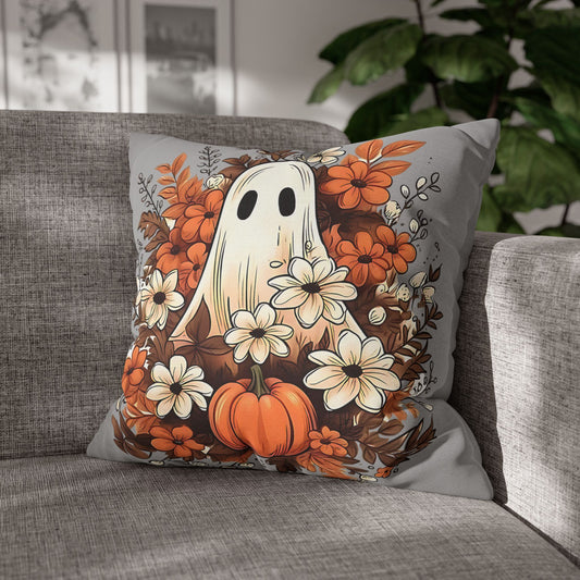Fall Ghost Pillowcase for Halloween Home Decor, Cozy Pumpkin Floral Accent, Spooky Autumn Vibes - VYBE Shop