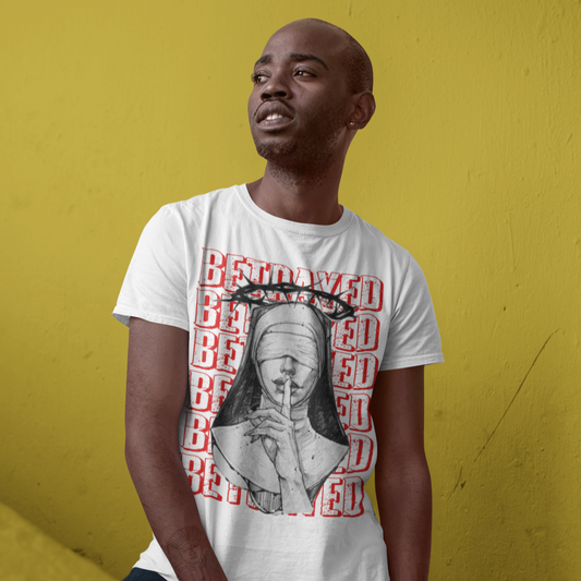 Man wearing a white t-shirt with a graphic design and text against a yellow background