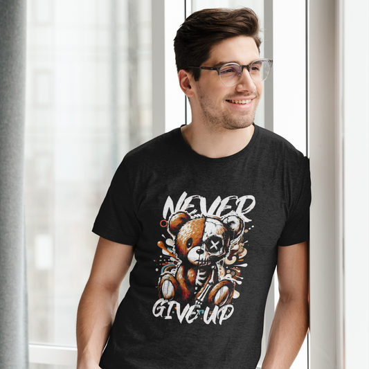 Man wearing a black t-shirt with a graphic design and text, standing indoors.