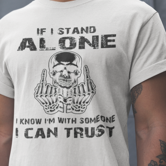 Person wearing a t-shirt with a skull graphic and text against a gray background