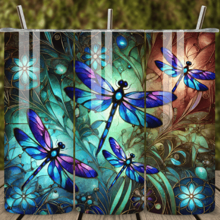 Decorative panel with colorful dragonflies and floral patterns on a wooden surface.