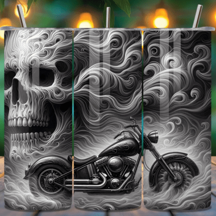 Tumbler with a design of a skull and motorcycle on a wooden surface with blurred lights in the background