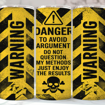 Three yellow and black warning-themed tumbler designs with text and symbols.