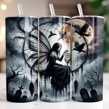 Three tumblers with artistic designs featuring a fairy, birds, and a moon.