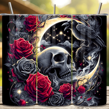 Skull and roses design on a black background with a blurred outdoor setting