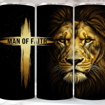 Three tumblers with a lion design and 'Man of Faith' text on a black background.