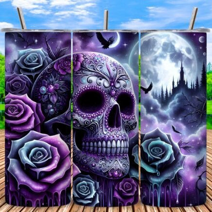 Decorative panel with purple skull and roses design on a wooden deck with a scenic background.
