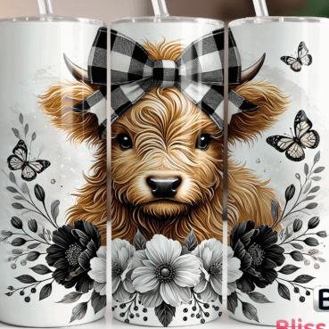 Tumbler with a dog design featuring a bow, flowers, and butterflies on a white background.