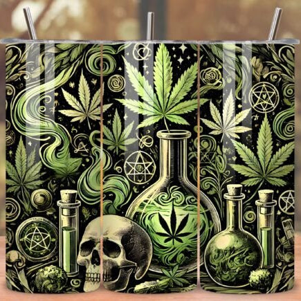 Decorative container with cannabis leaf and skull design on a wooden surface