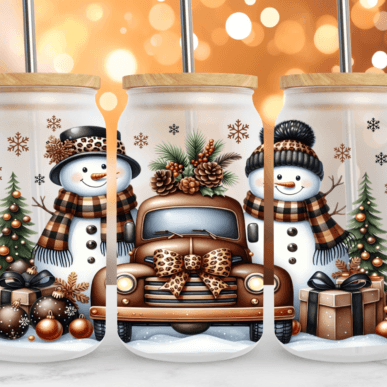 Three ceramic jars with snowmen, a car, and Christmas elements on a blurred bokeh background.