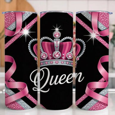Phone case with pink and silver design and 'Queen' text on a black background