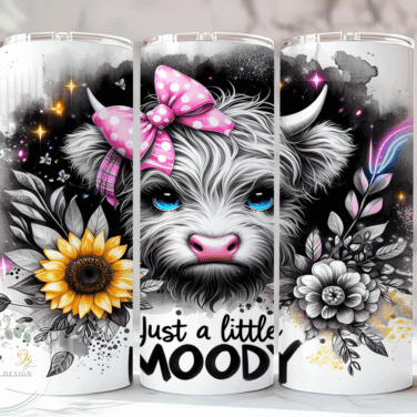 Three cylindrical tumblers with a cow design and 'Just a little moody' text on a white background.